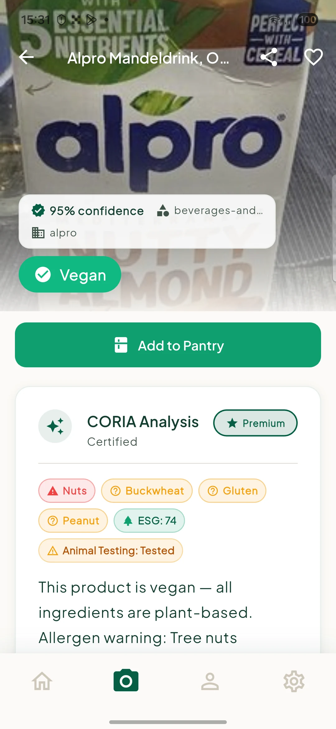English CORIA premium result for Alpro almond drink showing a vegan signal, confidence and evidence markers