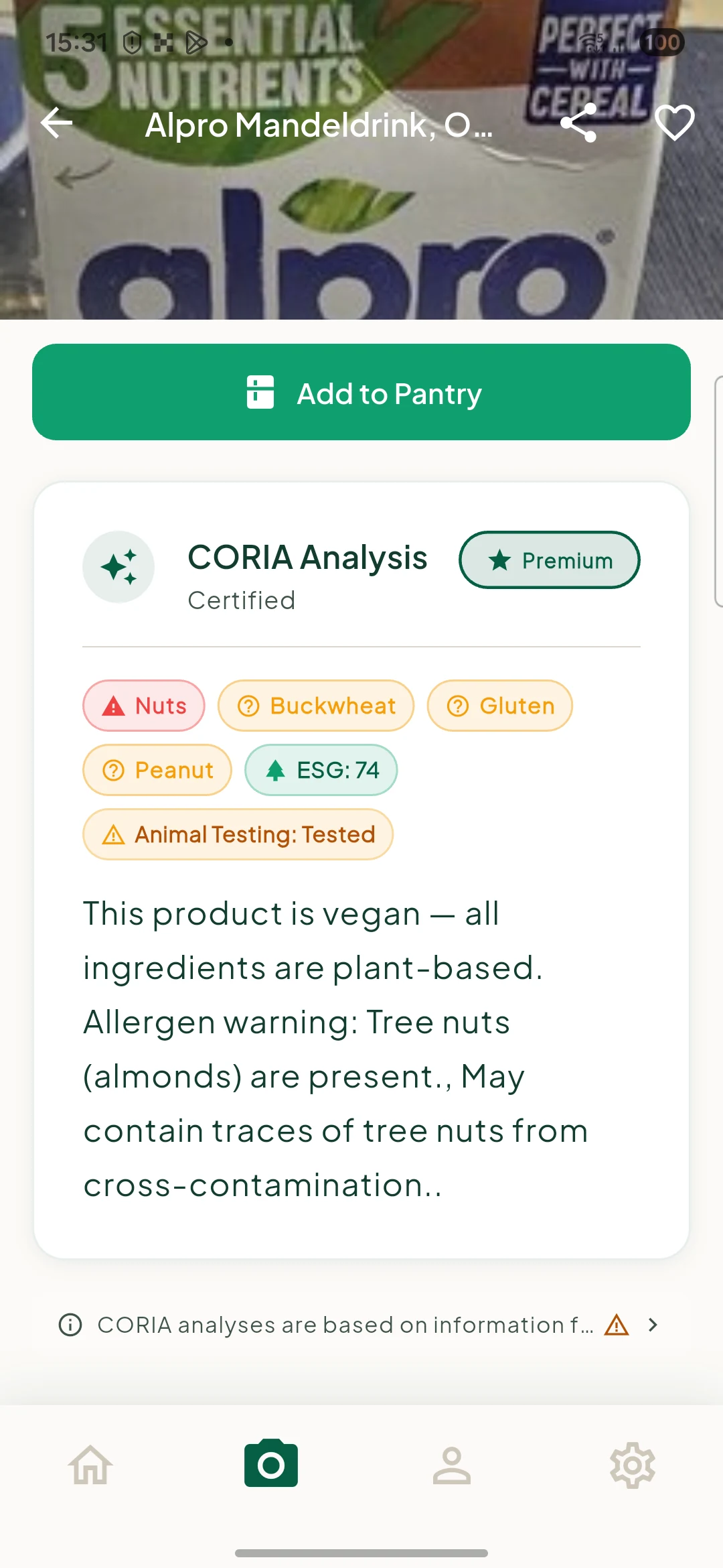 English CORIA analysis showing ingredients and preference signals for a scanned product