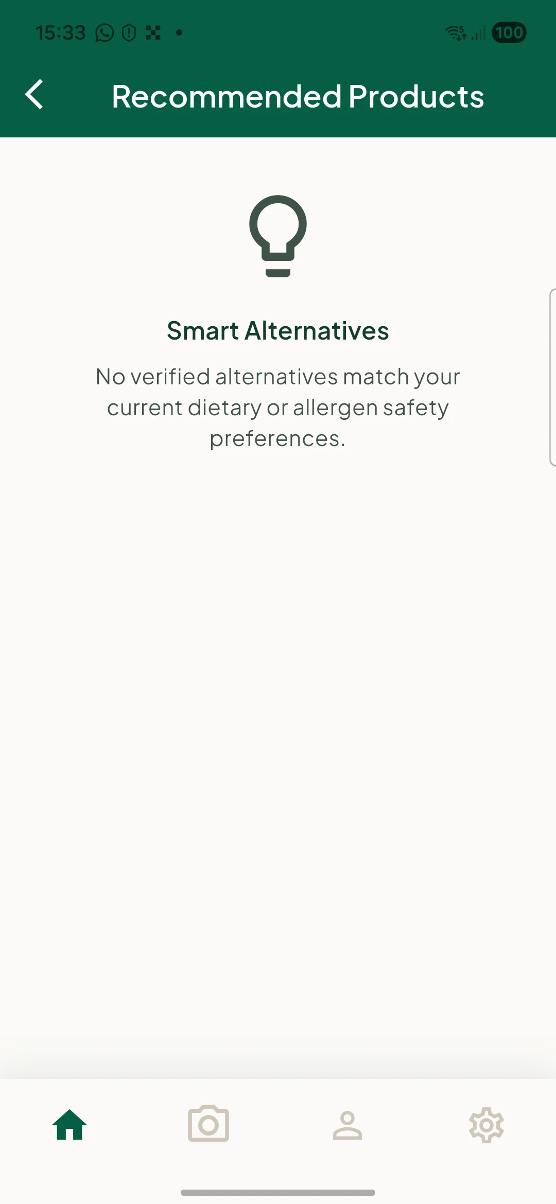 English CORIA Smart Alternatives screen stating that no verified alternative matches the current dietary or allergen preferences