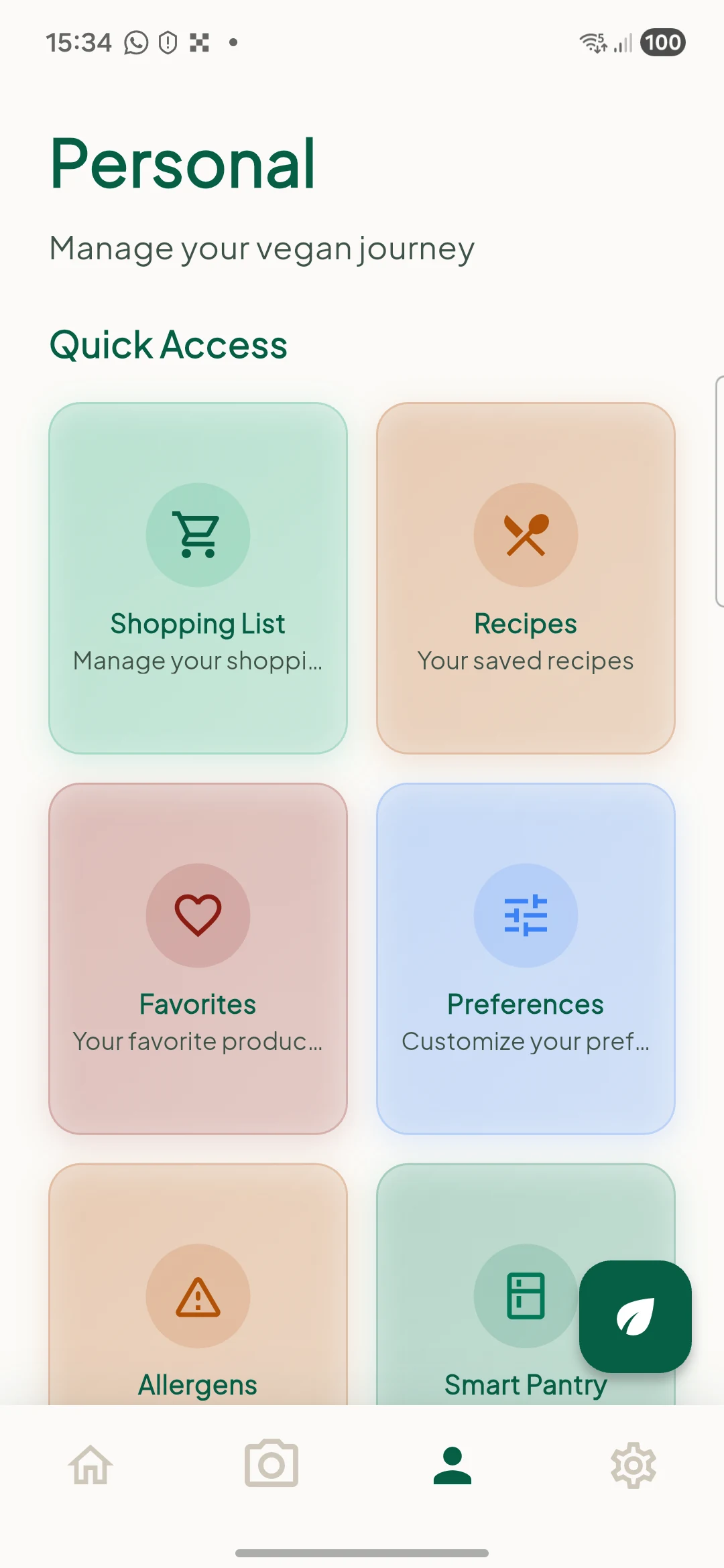 English CORIA Personal screen linking shopping, recipes, favorites, preferences, allergens and pantry
