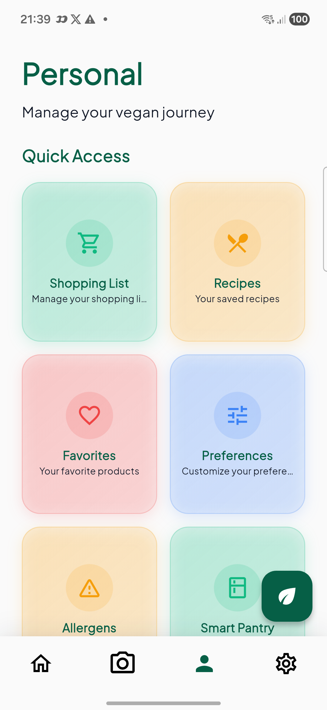 English CORIA Personal screen with quick access to shopping, recipes, favorites, preferences, allergens and smart pantry