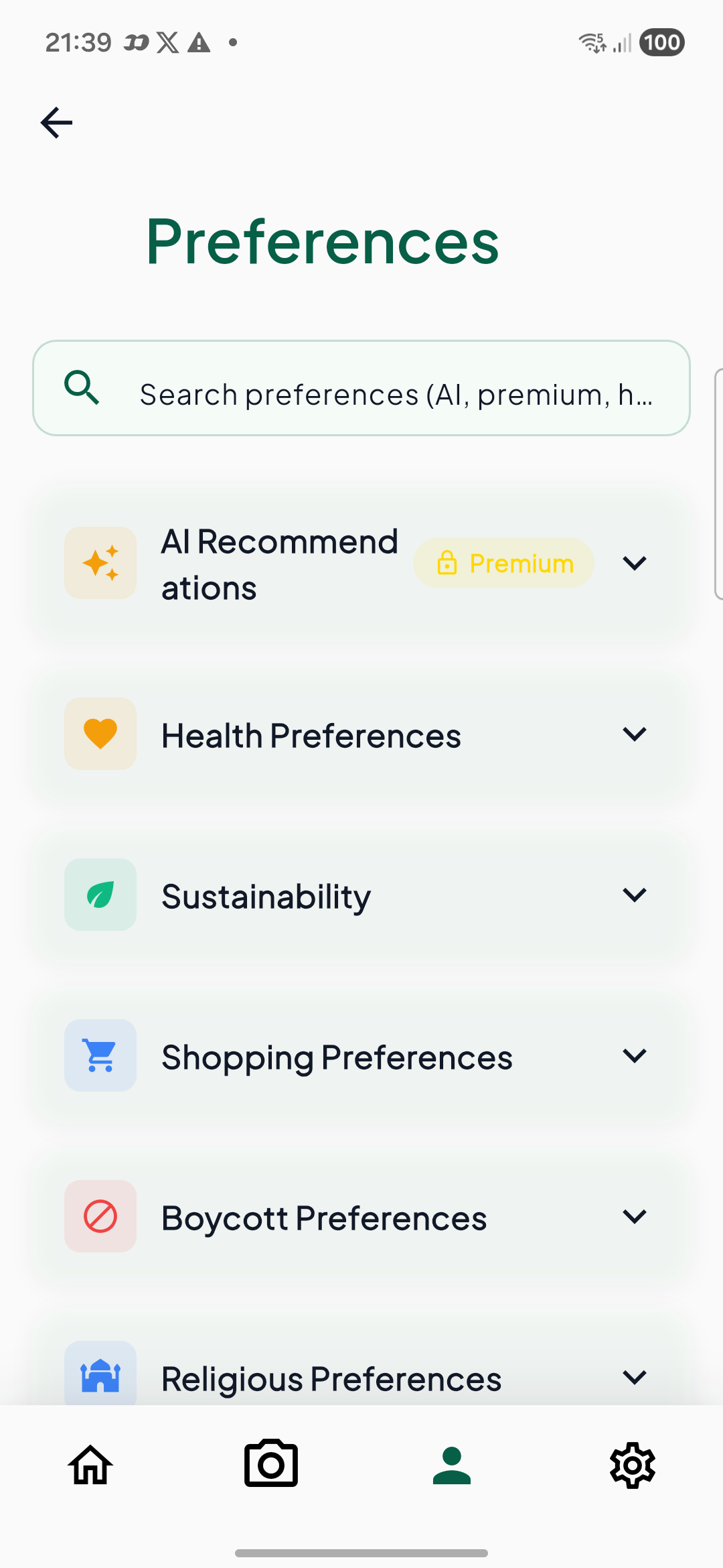 English CORIA Preferences screen showing health, sustainability, shopping, boycott and religious preference groups